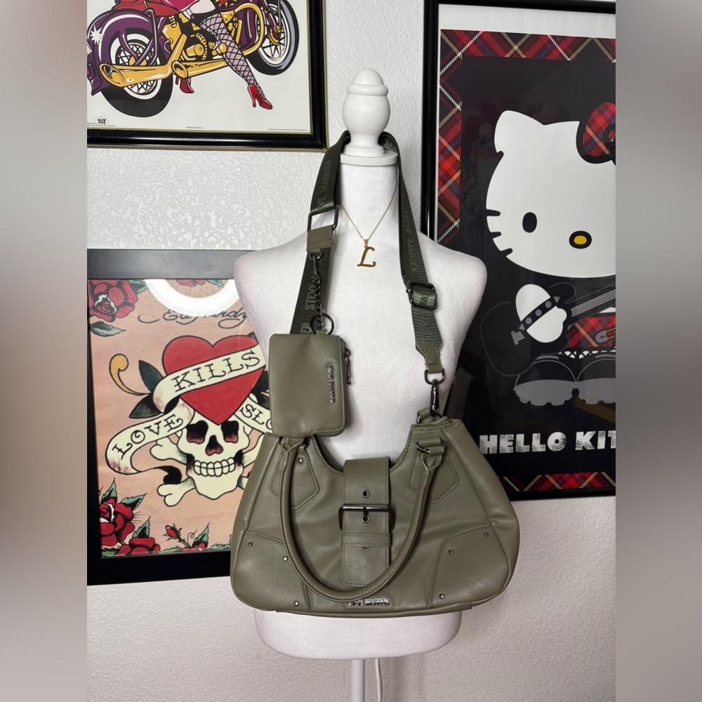 Steve Madden Olive Green Buckle Shoulder Bag with Pouch Utility Streetwear